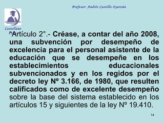 Profesor: Andrés Castillo Oyarzún




Castellano
  “Artículo 2°.- Créase, a contar del año 2008,
  Ltda.

  una subvención por desempeño de
  excelencia para el personal asistente de la
  educación que se desempeñe en los
  establecimientos                 educacionales
  subvencionados y en los regidos por el
  decreto ley Nº 3.166, de 1980, que resulten
  calificados como de excelente desempeño
  sobre la base del sistema establecido en los
  artículos 15 y siguientes de la ley Nº 19.410.
                                                         14
 