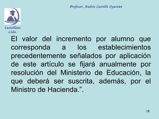 Profesor: Andrés Castillo Oyarzún




Castellano
  Ltda.

    El valor del incremento por alumno que
    corresponda     a   los    establecimientos
    precedentemente señalados por aplicación
    de este artículo se fijará anualmente por
    resolución del Ministerio de Educación, la
    que deberá ser suscrita, además, por el
    Ministro de Hacienda.”.

                                                          18
 