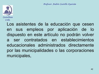 Profesor: Andrés Castillo Oyarzún




Castellano
  Ltda.

    Los asistentes de la educación que cesen
    en sus empleos por aplicación de lo
    dispuesto en este artículo no podrán volver
    a ser contratados en establecimientos
    educacionales administrados directamente
    por las municipalidades o las corporaciones
    municipales,

                                                          42
 