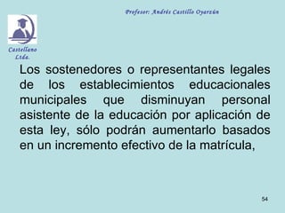 Profesor: Andrés Castillo Oyarzún




Castellano
  Ltda.

    Los sostenedores o representantes legales
    de los establecimientos educacionales
    municipales que disminuyan personal
    asistente de la educación por aplicación de
    esta ley, sólo podrán aumentarlo basados
    en un incremento efectivo de la matrícula,



                                                          54
 