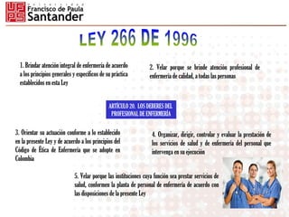 5. Velar porque las instituciones cuya función sea prestar servicios de
salud, conformen la planta de personal de enfermería de acuerdo con
las disposiciones de la presente Ley
ARTÍCULO 20. LOS DEBERES DEL
PROFESIONAL DE ENFERMERÍA
1. Brindar atención integral de enfermería de acuerdo
a los principios generales y específicos de su práctica
establecidos en esta Ley
2. Velar porque se brinde atención profesional de
enfermería de calidad, a todas las personas
3. Orientar su actuación conforme a lo establecido
en la presente Ley y de acuerdo a los principios del
Código de Ética de Enfermería que se adopte en
Colombia
4. Organizar, dirigir, controlar y evaluar la prestación de
los servicios de salud y de enfermería del personal que
intervenga en su ejecución
 