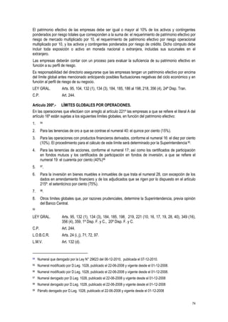 74
El patrimonio efectivo de las empresas debe ser igual o mayor al 10% de los activos y contingentes
ponderados por riesgo totales que corresponden a la suma de: el requerimiento de patrimonio efectivo por
riesgo de mercado multiplicado por 10, el requerimiento de patrimonio efectivo por riesgo operacional
multiplicado por 10, y los activos y contingentes ponderados por riesgo de crédito. Dicho cómputo debe
incluir toda exposición o activo en moneda nacional o extranjera, incluidas sus sucursales en el
extranjero.
Las empresas deberán contar con un proceso para evaluar la suficiencia de su patrimonio efectivo en
función a su perfil de riesgo.
Es responsabilidad del directorio asegurarse que las empresas tengan un patrimonio efectivo por encima
del límite global antes mencionado anticipando posibles fluctuaciones negativas del ciclo económico y en
función al perfil de riesgo de su negocio.
LEY GRAL. Arts. 95, 104, 132 (1), 134 (3), 184, 185, 186 al 198, 218, 356 (4), 24ª Disp. Tran.
C.P. Art. 244.
Artículo 200º.- LÍMITES GLOBALES POR OPERACIONES.
En las operaciones que efectúen con arreglo al artículo 221º las empresas a que se refiere el literal A del
artículo 16º están sujetas a los siguientes límites globales, en función del patrimonio efectivo:
1. 94
2. Para las tenencias de oro a que se contrae el numeral 40: el quince por ciento (15%).
3. Para las operaciones con productos financieros derivados, conforme el numeral 16: el diez por ciento
(10%). El procedimiento para el cálculo de este límite será determinado por la Superintendencia 95.
4. Para las tenencias de acciones, conforme el numeral 17; así como los certificados de participación
en fondos mutuos y los certificados de participación en fondos de inversión, a que se refiere el
numeral 19: el cuarenta por ciento (40%)96
5. 97.
6. Para la inversión en bienes muebles e inmuebles de que trata el numeral 28, con excepción de los
dados en arrendamiento financiero y de los adjudicados que se rigen por lo dispuesto en el artículo
215º: el setenticinco por ciento (75%).
7. 98.
8. Otros límites globales que, por razones prudenciales, determine la Superintendencia, previa opinión
del Banco Central.
99
LEY GRAL. Arts. 95, 132 (1), 134 (3), 184, 185, 198, 219, 221 (10, 16, 17, 19, 28, 40), 349 (16),
356 (4), 359, 1ª Disp. F. y C., 20ª Disp. F. y C.
C.P. Art. 244.
L.O.B.C.R. Arts. 24 (i, j), 71, 72, 97.
L.M.V. Art. 132 (d).
94 Numeral que derogado por la Ley N° 29623 del 06-12-2010, publicada el 07-12-2010.
95 Numeral modificado por D.Leg. 1028, publicado el 22-06-2008 y vigente desde el 01-12-2008.
96 Numeral modificado por D.Leg, 1028, publicado el 22-06-2008 y vigente desde el 01-12-2008.
97 Numeral derogado por D.Leg. 1028, publicado el 22-06-2008 y vigente desde el 01-12-2008
98 Numeral derogado por D.Leg. 1028, publicado el 22-06-2008 y vigente desde el 01-12-2008
99 Párrafo derogado por D.Leg. 1028, publicado el 22-06-2008 y vigente desde el 01-12-2008
 