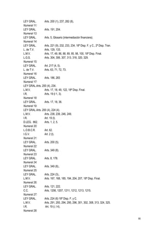85
LEY GRAL. Arts. 200 (1), 237, 282 (8),
Numeral 11:
LEY GRAL. Arts. 191, 204.
Numeral 13:
LEY GRAL. Arts. 5, Glosario (intermediación financiera).
Numeral 14:
LEY GRAL. Arts. 221 (9), 232, 233, 234, 18ª Disp. F. y C., 2ª Disp. Tran.
L. de T.V. Arts. 129, 133.
L.M.V. Arts. 17, 49, 86, 88, 89, 95, 98, 100, 18ª Disp. Final.
L.G.S. Arts. 304, 306, 307, 313, 318, 320, 329.
Numeral 15:
LEY GRAL. Art. 217 (4, 5).
L. de T.V. Arts. 63, 71, 72, 73.
Numeral 16:
LEY GRAL. Arts. 186, 283
Numeral 17:
LEY GRAL.Arts. 200 (4), 234.
L.M.V. Arts. 17, 18, 49, 122, 18ª Disp. Final.
I.R. Arts. 19 (l 1, 3).
Numeral 18:
LEY GRAL. Arts. 17, 18, 36.
Numeral 19:
LEY GRAL.Arts. 200 (4), 224 (4).
L.M.V. Arts. 238, 239, 246, 249.
I.R. Art. 19 (l).
D.LEG. 862. Arts. 1, 2, 5.
Numeral 20:
L.O.B.C.R. Art. 62.
I.G.V. Art. 2 (l).
Numeral 21:
LEY GRAL. Arts. 200 (5).
Numeral 22:
LEY GRAL. Arts. 349 (8).
Numeral 23:
LEY GRAL. Arts. 8, 178.
Numeral 24:
LEY GRAL. Arts. 349 (8),.
Numeral 25:
LEY GRAL. Arts. 224 (3),.
L.M.V. Arts. 167, 168, 185, 194, 204, 207, 18ª Disp. Final.
Numeral 26:
LEY GRAL. Arts. 121, 222.
C.C. Arts. 1206, 1207, 1211, 1212, 1213, 1215.
Numeral 27:
LEY GRAL. Arts. 224 (6) 18ª Disp. F. y C.
L.M.V. Arts. 291, 293, 294, 295, 296, 301, 302, 308, 313, 324, 325.
I.R. Art. 19 (i, l 4).
Numeral 28:
 