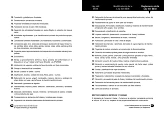 86	 Ley del Sistema Nacional de Evaluación
de Impacto Ambiental y su Reglamento
Ley del
SEIA
Modificatoria de la
Ley del SEIA
Reglamento de la
Ley del SEIA
Ley del Sistema Nacional de Evaluación de
Impacto Ambiental y su Reglamento
87
10.	Forestación y plantaciones forestales.
11.	Transformación primaria de la madera.
12.	Proyectos forestales con especies introducidas.
13.	Forestación de más de cien (100) hectáreas.
14.	Desarrollo de actividades forestales en suelos frágiles o cubiertos de bosque
nativo.
15.	Actividades agroforestales y de transformación primaria de productos agrope-
cuarios.
16.	Concesiones forestales maderables y no maderables, ecoturismo y conservación.
17.	Concesiones para otros productos del bosque: recolección de hojas, flores, fru-
tos, semillas, tallos, raíces, látex, gomas, resinas, ceras, cañas, palmas y otros
con fines industriales y/o comerciales.
18.	Proyectos para el aprovechamiento de bosques de comunidades nativas y cam-
pesinas.
19.	Zoocriaderos.
20.	Manejo y aprovechamiento de flora y fauna silvestre, de conformidad con lo
dispuesto en la Ley Forestal y de Fauna Silvestre, Ley Nº 27308.
21.	Introducción de especies exóticas de fauna terrestre con fines comerciales.
22.	Drenaje o desecación de humedales.
23.	Secado y salado de pieles y cueros.
24.	Clasificación, lavado y cardado de lanas, fibras, pelos y plumas.
25.	Elaboración de quesos, yogurt, mantequilla, manjares blancos y análogos de
origen lácteo, en base a leche fresca, de transformación primaria.
26.	Desmotado y prensado de algodón.
27.	Descascarado, limpieza, pilado, selección, clasificación, precocido y envasado
de arroz.
28.	Desecado, deshidratado, trozado, molienda y enmelazado de pastos, cereales
y otros productos del agro.
29.	Procesamiento de deshechos de frutales y hortalizas para forrajes.
30.	Preparación de alimentos balanceados de transformación primaria.
31.	Elaboración de harinas, almidones de yuca, papa y otros tubérculos y raíces, de
transformación primaria.
32.	Procesamiento de guano de aves para uso forrajero.
33.	Descascarado, fermentado, clasificación, tostado y molienda de transformación
primaria de café, cacao y otras semillas.
34.	Descascarado y clasificación de castañas.
35.	Limpieza, selección, preservación y empacado de frutas y hortalizas.
36.	Secado, congelado y deshidratado de frutas y hortalizas.
37.	Purificación y envasado de cera y miel de abejas.
38.	Elaboración de chancaca y alcoholes, derivados de jugos vírgenes, de transfor-
mación primaria.
39.	Proyectos de cultivos orientados a la producción de Biocombustibles.
40.	Extracción de manteca y otras grasas de origen animal no acuático.
41.	Molienda, picado, pelado, chancado y otros procesos aplicados a hojas, flores,
frutos, vainas, raíces, resinas y otros productos forestales.
42.	Extracción y aserrío de madera rolliza, madera simplemente encuadrada.
43.	Extracción y concentración de caucho o jebe natural, ojé, leche caspi, y otras
gomas y resinas naturales forestales de uso industrial.
44.	Curado y clasificación de hojas de tabaco.
45.	Tratamiento y envasado de plantas medicinales.
46.	Preparación, tratamiento y envasado de plantas ornamentales y forestales.
47.	Extracción y envasado de jugos de frutas y hortalizas, de transformación primaria.
48.	Elaboración de harinas de granos, de transformación primaria.
49.	Fraccionamiento o cambio de uso de suelos con fines urbanos.
50.	Centro de beneficio de animales.
SECTOR COMERCIO EXTERIOR Y TURISMO
El Ministerio de Comercio Exterior y Turismo es la autoridad competente conforme
al artículo 18º de la Ley, respecto de los proyectos señalados a continuación:
 