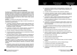 Ley del
SEIA
Modificatoria de la
Ley del SEIA
Reglamento de la
Ley del SEIA
Ley del Sistema Nacional de Evaluación de
Impacto Ambiental y su Reglamento
111110	 Ley del Sistema Nacional de Evaluación de
Impacto Ambiental y su Reglamento
ANEXO V
CRITERIOS DE PROTECCIÓN AMBIENTAL
Se entenderá que las actividades y obras de un proyecto pueden producir impactos
ambientales negativos, si como resultado de su implementación generan o presen-
tan algunos de los efectos, características o circunstancias previstas en uno o más
de los siguientes criterios de protección ambiental, identificados en el Artículo 5º de
la Ley. Estos criterios mínimos deberán ser considerados por el proponente y por
las autoridades competentes, para determinar, ratificar, modificar, revisar y aprobar
la categoría del proyecto:
CRITERIO 1: La protección de la salud pública y de las personas;
Para determinar la ocurrencia del nivel de riesgo a la salud de las personas, se
considerarán los siguientes factores:
a.	 La exposición o disposición inadecuada de residuos sólidos industriales y peli-
grosos, materiales inflamables, tóxicos, corrosivos y radioactivos, que vayan a
ser usados en las diversas etapas de la acción propuesta, tomando en cuenta
su peligrosidad, cantidad, y concentración
b.	 La generación de efluentes líquidos, emisiones gaseosas y de partículas en
lugares próximos a poblaciones o que pongan en riesgo a pobladores.
c.	 Los ruidos, vibraciones y radiaciones que afecten la salud de las personas.
d.	 Los residuos domésticos o domiciliarios que por sus características constituyan
un peligro sanitario a la población expuesta.
e.	 Las emisiones fugitivas de gases o partículas generadas en las diferentes eta-
pas de desarrollo de la acción propuesta que pongan en riesgo a la población.
f.	 El riesgo de proliferación de patógenos y vectores sanitarios como consecuen-
cia de la aplicación del proyecto.
CRITERIO 2 La protección de la calidad ambiental, tanto del aire, del agua, del
suelo, como la incidencia que puedan producir el ruido y vibración, residuos sólidos
y líquidos, efluentes, emisiones gaseosas, radiaciones y de partículas y residuos
radiactivos;
a.	 La generación, reciclaje, recolección, almacenamiento, transporte y disposición
de residuos sólidos industriales y peligrosos, materiales inflamables, tóxicos, co-
rrosivos y radioactivos, que vayan a ser usados en las diversas etapas de la ac-
ción propuesta, tomando en cuenta su peligrosidad, cantidad, y concentración
b.	 la generación de efluentes líquidos, emisiones gaseosas y de partículas, cuyas
concentraciones superen las normas de calidad ambiental establecidas en la
legislación nacional.
c.	 Los niveles, frecuencia y duración de ruidos, vibraciones y radiaciones.
d.	 La producción, generación, reciclaje, recolección, transporte y disposición de
residuos domésticos o domiciliarios que por sus características constituyan un
peligro sanitario a la población expuesta.
e.	 La composición, calidad y cantidad de emisiones fugitivas de gases o partículas
generadas en las diferentes etapas de desarrollo de la acción propuesta.
f.	 El riesgo de proliferación de patógenos y vectores sanitarios como consecuen-
cia de la aplicación del proyecto.
g.	 La generación o promoción de descargas de residuos sólidos y líquidos cuyas
concentraciones sobrepasen las normas de calidad o límites de emisión y verti-
miento correspondientes.
h.	 El riesgo de emisiones provenientes de residuos que contengan fuente radiactiva
CRITERIO 3. La protección de los recursos naturales, especialmente las aguas, los
bosques y el suelo, la flora y fauna;
a.	 Alteración del estado de conservación de suelos, generando erosión.
b.	 Pérdida de fertilidad natural de los suelos adyacentes a la acción propuesta,
c.	 Inducción al deterioro del suelo y pérdida de su capacidad productiva, tales
como desertificación, acidificación, generación o avance de dunas,
d.	 Acumulación de sales y mal drenaje,
e.	 Vertido de sustancias contaminantes sobre el suelo,
f.	 La inducción de tala de bosques nativos,
g.	 La alteración de cuerpos o cursos receptores de agua, por sobre los caudales
ecológicos,
h.	 La alteración de los parámetros fisco, químicos y biológicos del agua,
i.	 La modificación de los causes y usos actuales del agua
j.	 La alteración de los cursos o cuerpos de aguas subterráneas,
k.	 La alteración de la calidad del agua superficial, continental o marítima, lacustre
y subterránea.
 
