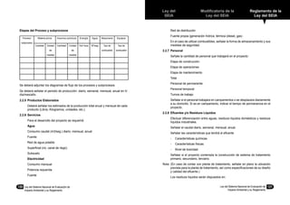 Ley del
SEIA
Modificatoria de la
Ley del SEIA
Reglamento de la
Ley del SEIA
Ley del Sistema Nacional de Evaluación de
Impacto Ambiental y su Reglamento
121
Etapas del Proceso y subprocesos
Se deberá adjuntar los diagramas de flujo de los procesos y subprocesos
Se deberá señalar el periodo de producción: diario, semanal, mensual, anual en h/
día/mes/año
2.2.5	 Productos Elaborados
	 Deberá señalar los estimados de la producción total anual y mensual de cada
producto (Litros, Kilogramos, unidades, etc.).
2.2.6	 Servicios
	 Para el desarrollo del proyecto se requerirá:
	 Agua
	 Consumo caudal (m3/seg.) diario, mensual, anual
	 Fuente:
	 Red de agua potable
	 Superficial (rio, canal de riego)
	 Subsuelo
	 Electricidad
	 Consumo mensual
	 Potencia requerida
	 Fuente
	 Red de distribución
	 Fuente propia (generación hídrica, térmica (diesel, gas)
	 En el caso de utilizar combustibles, señalar la forma de almacenamiento y sus
medidas de seguridad.
2.2.7	 Personal
	 Señale la cantidad de personal que trabajará en el proyecto:
	 Etapa de construcción
	 Etapa de operaciones
	 Etapa de mantenimiento
	 Total
	 Personal de permanente:
	 Personal temporal
	 Turnos de trabajo
	 Señalar si el personal trabajara en campamentos o se desplazara diariamente
a su domicilio. Si es en campamento, indicar el tiempo de permanencia en el
proyecto.
2.2.8	 Efluentes y/o Residuos Líquidos
	 Efectuar diferenciación entre aguas, residuos líquidos domésticos y residuos
líquidos industriales.
	 Señalar el caudal diario, semanal, mensual, anual.
	 Señalar las características que tendrá el efluente
	 -	 Características químicas
	 -	 Características físicas
	 -	 Nivel de toxicidad
	 Señalar si el proyecto contempla la construcción de sistema de tratamiento
primario, secundario, terciario.
Nota: (En caso de contar con planta de tratamiento, señalar en plano la ubicación
prevista para la planta de tratamiento, así como especificaciones de su diseño
y calidad del efluente.)
	 Los residuos líquidos serán dispuestos en:
121120	 Ley del Sistema Nacional de Evaluación de
Impacto Ambiental y su Reglamento
Proceso/
subproceso
Materia prima Insumos químicos Energía Agua Maquinaria Equipos
Cantidad Unidad
de
medida
Cantidad Unidad
de
medida
Kw/ hora M3
/seg Tipo de
combustión
Tipo de
combustión
 