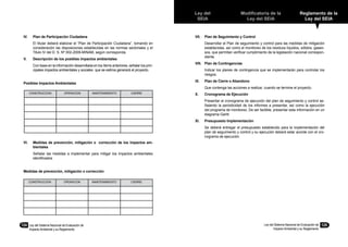 Ley del
SEIA
Modificatoria de la
Ley del SEIA
Reglamento de la
Ley del SEIA
Ley del Sistema Nacional de Evaluación de
Impacto Ambiental y su Reglamento
125124	 Ley del Sistema Nacional de Evaluación de
Impacto Ambiental y su Reglamento
IV.	 Plan de Participación Ciudadana
	 El titular deberá elaborar el “Plan de Participación Ciudadana”, tomando en
consideración las disposiciones establecidas en las normas sectoriales y el
Titulo IV del D. S. Nº 002-2009-MINAM, según corresponda.
V.	 Descripción de los posibles impactos ambientales
	 Con base en la información desarrollada en los ítems anteriores, señalar los prin-
cipales impactos ambientales y sociales que se estima generará el proyecto.
Posibles Impactos Ambientales
VI.	 Medidas de prevención, mitigación o corrección de los impactos am-
bientales
	 Señalar las medidas a implementar para mitigar los impactos ambientales
identificados
Medidas de prevención, mitigación o corrección
VII.	 Plan de Seguimiento y Control
	 Desarrollar el Plan de seguimiento y control para las medidas de mitigación
establecidas, así como el monitoreo de los residuos líquidos, sólidos, gaseo-
sos, que permitan verificar cumplimiento de la legislación nacional correspon-
diente.
VIII.	 Plan de Contingencias
	 Indicar los planes de contingencia que se implementarán para controlar los
riesgos.
IX.	 Plan de Cierre o Abandono
	 Que contenga las acciones a realizar, cuando se termine el proyecto.
X.	 Cronograma de Ejecución
	 Presentar el cronograma de ejecución del plan de seguimiento y control se-
ñalando la periodicidad de los informes a presentar, así como la ejecución
del programa de monitoreo. De ser factible, presentar esta información en un
diagrama Gantt.
XI.	 Presupuesto Implementación
	 Se deberá entregar el presupuesto establecido para la implementación del
plan de seguimiento y control y su ejecución deberá estar acorde con el cro-
nograma de ejecución.
CONSTRUCCION OPERACION MANTENIMIENTO CIERRE
CONSTRUCCION OPERACION MANTENIMIENTO CIERRE
 