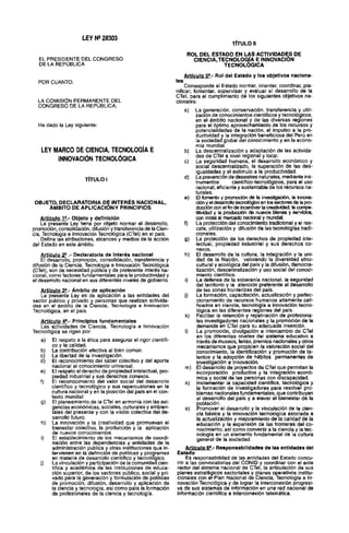 Ley 28303 Ley Marco Ciencia Tecnologia Innovacion Tecnológica