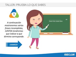 _______________ es
hacer las cosas bien.
A continuación
mostraremos varias
frases incompletas,
JUNTOS tendremos
que indicar a que
término corresponde.
1
¡VAMOS!
TALLER: PRUEBA LO QUE SABES
 