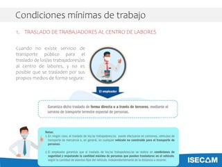 Condiciones mínimas de trabajo
1. TRASLADO DE TRABAJADORES AL CENTRO DE LABORES
Cuando no existe servicio de
transporte público para el
traslado de los/as trabajadores/as
al centro de labores, y no es
posible que se trasladen por sus
propios medios de forma segura:
 