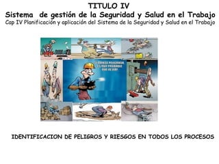 TITULO IV
Sistema de gestión de la Seguridad y Salud en el Trabajo
Cap IV Planificación y aplicación del Sistema de la Seguridad y Salud en el Trabajo




  IDENTIFICACION DE PELIGROS Y RIESGOS EN TODOS LOS PROCESOS
 