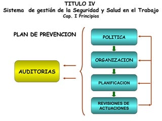 TITULO IV
Sistema de gestión de la Seguridad y Salud en el Trabajo
                     Cap. I Principios



   PLAN DE PREVENCION                    POLITICA




                                    ORGANIZACION

     AUDITORIAS

                                     PLANIFICACION




                                     REVISIONES DE
                                      ACTUACIONES
 
