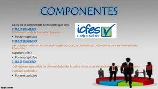 COMPONENTES
La ley 30 se compone de 6 secciones que son:
TITULO PRIMERO
Fundamentos de la Educación Superior
• Posee 7 capítulos
TITULO SEGUNDO
Del Consejo Nacional de Educación Superior (CESU) y del Instituto Colombiano para el Fomento de la
Educación
Superior (Icfes)
• Posee 5 capítulos
TITULO TERCERO
Del régimen especial de las Universidades del Estado y de las otras instituciones de Educación Superior
estatales u oficiales.
• Posee 6 capítulos
 