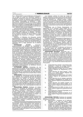 El Peruano
Lunes 2 de diciembre de 2013 508165
Perú – RENACADEP, a cargo del Ministerio de Educación,
con el objeto de contar con información detallada y
actualizada, incluyendo el monto de la asignación que se
le otorga y el número de resolución que lo acredita del
personal que ocupa el cargo o la encargatura de Director,
Sub Director, Especialistas de Educación o cargos
jerárquicos en educación del Perú. Es condición para el
pago de la asignación que se prorroga con la presente
disposición el registro en el RENACADEP. El Ministerio de
Economía y Finanzas y la Autoridad Nacional del Servicio
Civil – SERVIR, tienen acceso al registro.
Las direcciones regionales de Educación proporcionan
la información de forma adecuada y oportuna al Ministerio
de Educación. El personal a registrar en el RENACADEP,
previamente debe ﬁgurar en el Aplicativo Informático
para el Registro Centralizado de Planillas y de Datos
de los Recursos Humanos del Sector Público a cargo
del Ministerio de Economía y Finanzas – Aplicativo
Informático.
Asimismo, el Ministerio de Educación remitirá
bimestralmente a la Dirección General de Gestión de
Recursos Públicos del Ministerio de Economía y Finanzas
las actualizaciones o modiﬁcaciones del RENACADEP. El
Ministerio de Educación dictará las normas que resulten
necesarias para la mejor aplicación de la presente
disposición.
OCTOGÉSIMA OCTAVA. Autorícese,
excepcionalmente, al Ministerio de Transportes y
Comunicacionesarealizarmodiﬁcacionespresupuestarias
en el nivel institucional, durante el Año Fiscal 2014, a
favor del pliego Superintendencia de Transporte Terrestre
de Personas, Carga y Mercancías (SUTRAN) para el
fortalecimiento de sus operaciones de ﬁscalización. Para
tal ﬁn, se exceptúa al pliego Ministerio de Transportes y
Comunicaciones de lo dispuesto en el literal c) del numeral
41.1 del artículo 41 y en los artículos 76 y 80 de la Ley
28411, Ley General del Sistema Nacional de Presupuesto.
Asimismo, las modiﬁcaciones presupuestarias en el
nivel institucional que se autorizan mediante la presente
disposición se aprueban mediante decreto supremo
refrendado por los ministros de Economía y Finanzas y de
Transportes y Comunicaciones a solicitud de éste último.
Lo establecido en la presente disposición se ﬁnancia con
cargo al presupuesto institucional del pliego Ministerio de
Transportes y Comunicaciones, sin demandar recursos
adicionales al Tesoro Público.
OCTOGÉSIMA NOVENA. Incorpórese en los
alcances de la Ley 29266, Ley que autoriza la emisión de
Documentos Cancelatorios – Tesoro Público para el pago
del Impuesto General a las Ventas y del Impuesto a la
Renta generado por contrataciones del pliego Ministerio
de Defensa, al pliego Agencia de Compras de las Fuerzas
Armadas.
NONAGÉSIMA. Dispónese que a partir de la vigencia
de la presente Ley, la Autoridad Nacional del Servicio
Civil – SERVIR, en su calidad de ente rector del Sistema
Administrativo de Gestión de Recursos Humanos,
emitirá opinión previa para la aprobación del Cuadro
de Asignación de Personal (CAP) de las entidades que
pertenecen al nivel del gobierno nacional; y en el caso
de los otros niveles de gobierno y organismos autónomos
para la elaboración del CAP, deberán tener en cuenta la
normatividad vigente, bajo responsabilidad del titular del
pliego.
NONAGÉSIMA PRIMERA. Declárese de interés
nacional las actividades de evaluación, seguimiento,
facilitación, y simpliﬁcación administrativa que permitan
una efectiva promoción, y ejecución de la inversión
privada y público privada, con el objetivo de mantener
la sostenibilidad del crecimiento económico y mejorar la
competitividad del país, incrementando el empleo y la
mejora de la calidad de vida de los peruanos.
Para dicho efecto encárgase al Ministerio de Economía
y Finanzas, adoptar mediante decreto supremo, las
políticas públicas necesarias e implementar las acciones
conducentes a asegurar el desarrollo sostenido de la
inversión público privada.
Ordénase que el Equipo Especializado de Seguimiento
de la Inversión, implementado mediante Decreto Supremo
104-2013-EF, asuma competencias para efectuar el
diagnóstico preventivo de trabas en la ejecución de
la inversión, tanto de proyectos públicos, privados, y
público privados, con especial énfasis en los orientados
a la provisión de servicios públicos o para la ejecución de
infraestructura pública.
Las entidades públicas de todos los niveles de
gobierno, deberán en el plazo máximo de 60 días reportar
al Equipo Especializado de Seguimiento de la Inversión,
sobre los proyectos de inversión privada y público
privada que se encuentren en ejecución bajo su ámbito
o que se encuentren en etapa de adjudicación para su
ejecución; brindando entre otra información los plazos de
ejecución de los mismos y la que le sea requerida para el
adecuado cumplimiento de las funciones de seguimiento
asignadas.
Establécese que el Equipo Especializado de
Seguimiento de la Inversión, estará dirigido por un
Director Ejecutivo, que será designado por resolución
ministerial del sector Economía y Finanzas; y adaptará
su estructura, pasando a depender de manera funcional
y administrativamente del Gabinete de Asesores del
Ministerio de Economía y Finanzas, debiendo reportar
directamente al titular del sector; y presentar informes
semestrales sobre los avances de su gestión al Consejo
Directivo de Proinversión.
Facúltase al Equipo Especializado de Seguimiento de
la Inversión a adoptar los mecanismos para efectuar y
sistematizar las acciones de seguimiento de los planes
de ejecución de inversiones y a informar y efectuar
recomendaciones a las entidades públicas sobre las
mejores prácticas que permitan mejorar la ejecución de
sus proyectos de inversión público privada, o privada
vinculada a sus competencias.
En el plazo de 60 días, el Ministerio de Economía
y Finanzas dictará las medidas reglamentarias y
complementarias necesarias para la cabal ejecución de
las disposiciones legales antes señaladas.
NONAGÉSIMA SEGUNDA. Dispónese que, la
creación de las siguientes unidades ejecutoras,
durante el Año Fiscal 2014, se sujeta al presupuesto
institucional de las entidades respectivas en las que
se creen, sin demandar recursos adicionales al Tesoro
Público, y para tal efecto, los pliegos presupuestarios
que propongan su creación quedan exceptuados sólo
del requisito del monto del presupuesto anual por toda
fuente de financiamiento establecido en el artículo 58
de la Ley 28411, Ley General del Sistema Nacional de
Presupuesto:
a) Unidad Ejecutora Hospital “José Hernán Soto
Cadenillas” – Chota, en el pliego Gobierno
Regional del departamento de Cajamarca.
b) Unidad Ejecutora de Salud Virú, en el pliego
Gobierno Regional del departamento de La
Libertad.
c) Unidad Ejecutora de Salud Ascope y Gran
Chimú, en el pliego Gobierno Regional del
departamento de La Libertad.
d) Unidad Ejecutora de Salud Julcan, en el pliego
Gobierno Regional del departamento de La
Libertad.
e) Unidad Ejecutora de los institutos superiores
tecnológicos y pedagógicos de Tumbes, en el
pliego Gobierno Regional del departamento de
Tumbes.
f) Unidad Ejecutora del Instituto Superior de
Música Público Daniel Alomía Robles, en el
pliego Gobierno Regional del departamento de
Huánuco.
g) Unidad Ejecutora de la UGEL de Calca, en el
pliego Gobierno Regional del departamento del
Cusco.
h) Unidad Ejecutora “Proyectos Especiales” en el
pliego Ministerio de Cultura.
i) Unidad Ejecutora “Hospital de Espinar” en el
pliego Gobierno Regional del departamento del
Cusco.
NONAGÉSIMA TERCERA. Declárase de necesidad
pública y de preferente interés nacional los siguientes
proyectos de inversión:
a) Mejoramiento y ampliación de la Institución
Educativa 7 de Junio del Caserío Santa
Catalina, distrito de Cupisnique - Contumazá
– Cajamarca, con código SNIP 232270.
b) Ampliación y rehabilitación del servicio de agua
potable, del sistema de alcantarillado y del
servicio de tratamiento de aguas residuales, en
la localidad de Sondor, distrito Sondor, provincia
Huancabamba-Piura, con código SNIP 238197.
 