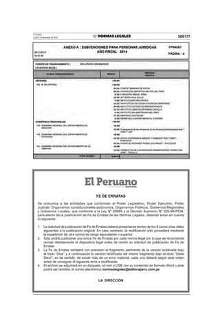 El Peruano
Lunes 2 de diciembre de 2013 508177
FE DE ERRATAS
Se comunica a las entidades que conforman el Poder Legislativo, Poder Ejecutivo, Poder
Judicial, Organismos constitucionales autónomos, Organismos Públicos, Gobiernos Regionales
y Gobiernos Locales, que conforme a la Ley Nº 26889 y el Decreto Supremo Nº 025-99-PCM,
para efecto de la publicación de Fe de Erratas de las Normas Legales, deberán tener en cuenta
lo siguiente:
1. La solicitud de publicación de Fe de Erratas deberá presentarse dentro de los 8 (ocho) días útiles
siguientes a la publicación original. En caso contrario, la rectiﬁcación sólo procederá mediante
la expedición de otra norma de rango equivalente o superior.
2. Sólo podrá publicarse una única Fe de Erratas por cada norma legal por lo que se recomienda
revisar debidamente el dispositivo legal antes de remitir su solicitud de publicación de Fe de
Erratas.
3. La Fe de Erratas señalará con precisión el fragmento pertinente de la versión publicada bajo
el título “Dice” y a continuación la versión rectiﬁcada del mismo fragmento bajo el título “Debe
Decir”; en tal sentido, de existir más de un error material, cada uno deberá seguir este orden
antes de consignar el siguiente error a rectiﬁcarse.
4. El archivo se adjuntará en un disquete, cd rom o USB con su contenido en formato Word o éste
podrá ser remitido al correo electrónico normaslegales@editoraperu.com.pe
LA DIRECCIÓN
 