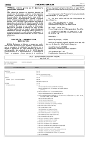 El Peruano
Jueves 4 de diciembre de 2014539220
“PRIMERA: Informe previo de la Contraloría
General de la República
(...)
Todo pedido de información adicional, solicitud de
subsanación de errores u omisiones en los requisitos
de forma o de subsanación por motivo de la omisión
de presentación de documentación para emitir el
Informe Previo, necesariamente deberá formularse
dentro del plazo de tres (3) días hábiles de recibida la
solicitud y por única vez. Los gobiernos regionales y
locales deberán remitir la información requerida dentro
del plazo máximo de tres (3) días hábiles de recibida
la solicitud. En tanto no se reciba la información
adicional se suspende el cómputo del plazo de diez
(10) días hábiles. Para el caso de las entidades que
presenten la solicitud del informe previo para dos (2)
o más proyectos de inversión pública, el plazo para el
pedido de información adicional será de cinco (5) días
adicionales.
(...)”.
DISPOSICIÓN COMPLEMENTARIA
DEROGATORIA
ÚNICA. Deróganse o déjanse en suspenso, según
sea el caso, las disposiciones legales y reglamentarias
que se opongan a lo establecido por la presente Ley o
limiten su aplicación, así como deróganse el literal b)
del numeral 8.4 del artículo 8 de la Ley 30099, Ley de
Fortalecimiento de la Responsabilidad y Transparencia
Fiscal, y el segundo y tercer párrafo de la centésima
primera disposición complementaria ﬁnal de la Ley 30114,
Ley de Presupuesto del Sector Público para el Año Fiscal
2014.
Comuníquese al señor Presidente Constitucional de la
República para su promulgación.
En Lima, a los treinta días del mes de noviembre de
dos mil catorce.
ANA MARÍA SOLÓRZANO FLORES
Presidenta del Congreso de la República
MODESTO JULCA JARA
Primer Vicepresidente del Congreso de la República
AL SEÑOR PRESIDENTE CONSTITUCIONAL DE
LA REPÚBLICA
POR TANTO:
Mando se publique y cumpla.
Dado en la Casa de Gobierno, en Lima, a los dos días
del mes de diciembre del año dos mil catorce.
OLLANTA HUMALA TASSO
Presidente Constitucional de la República
ANA JARA VELÁSQUEZ
Presidenta del Consejo de Ministros
ANEXO A : SUBVENCIONES PARA PERSONAS JURIDICAS
AÑO FISCAL 2015
FUENTE DE FINANCIAMIENTO : RECURSOS ORDINARIOS
( EN NUEVOS SOLES )
PLIEGO PRESUPUESTARIO MONTO PERSONA JURIDICA
AMBIENTAL 5 900 000
005 M. DEL AMBIENTE 5 900 000
5 900 000 COMUNIDADES NATIVAS
COMUNIDADES CAMPESINAS
JUSTICIA 2 603 000
006 M. DE JUSTICIA Y DERECHOS HUMANOS 2 603 000
2 603 000 IGLESIA CATOLICA
INTERIOR 1 935 588
007 M. DEL INTERIOR 1 935 588
3 000 ASOCIACION DE CORONELES EN RETIRO (ASCOREFA)
5 000 ASOCIACION DE OFICIALES GENERAL DE LAS FUERZAS ARMADAS
(ADOGEN)
88 000 ASOCIACION DE OFICIALES GENERAL PNP (ADOGPOL)
4 000 ASOCIACION VENCEDORES DE CAMPAÑA MILITAR 1941
110 449 BENEMERITA SOCIEDAD FUNDADORES DE LA INDEPENDENCIA, VENCEDORES EL 2 MAYO DE 1866 Y
DEFENSORES CALIFICADOS DE LA PATRIA
7 000 C.E. 1149 JORGE CIEZA LACHO
7 000 C.E. 7 DE AGOSTO (AREQUIPA)
13 000 C.E. CAP PNP ALIPIO PONCE VASQUEZ
11 000 C.E. CARLOS TEODORO PUELL MENDOZA (TUMBES)
13 000 C.E. FELIX TELLO ROJAS (CHICLAYO)
11 000 C.E. JUAN LINARES ROJAS
4 000 C.E. MARIANO SANTOS MATEOS (TACNA)
9 000 C.E. MARIANO SANTOS MATEOS (TRUJILLO)
20 000 C.E. PRECURSORES DE LA INDEPENDENCIA
9 000 C.E. ROBERTO MORALES ROJAS (SULLANA)
12 000 C.E. SANTA ROSA DE LIMA 2001
10 000 C.E. SO. 2DA. BASILIO RAMIREZ PEÑA (PIURA)
11 000 C.E. SO. 2DA. JESUS VERA FERNANDEZ
20 000 C.E. SO. 2DA. JUAN INGUNZA VALDIVIA
10 000 C.E. SO. 2DA. MARTIN ESQUICHA BERNEDO
11 000 C.E. SO. 2DA. NEPTALI VALDERRAMAAMPUERO (AREQUIPA)
18 000 C.E. SO. 2DA. TEODOSIO FRANCO GARCIA (ICA)
10 000 C.E. SO. TCO. 3RA. ARTURO PALOMINO RODRIGUEZ (CUSCO)
9 000 C.E. SO. TCO. 3RA. JOSE RODRIGUEZ TRIGOSO
13 000 C.E. SO. TCO. 3RA. RAMIRO VILLAVERDE LAZO (HUANCAYO)
12 000 C.E. TUPAC AMARU
 