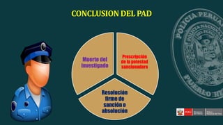 CONCLUSION DEL PAD
Prescripción
de la potestad
sancionadora
Resolución
firme de
sanción o
absolución
Muerte del
investigado
 