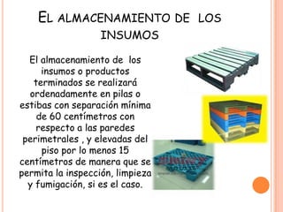 El almacenamiento de  los insumosEl almacenamiento de  los insumos o productos terminados se realizará ordenadamente en pilas o estibas con separación mínima de 60 centímetros con respecto a las paredes perimetrales , y elevadas del piso por lo menos 15 centímetros de manera que se permita la inspección, limpieza y fumigación, si es el caso.