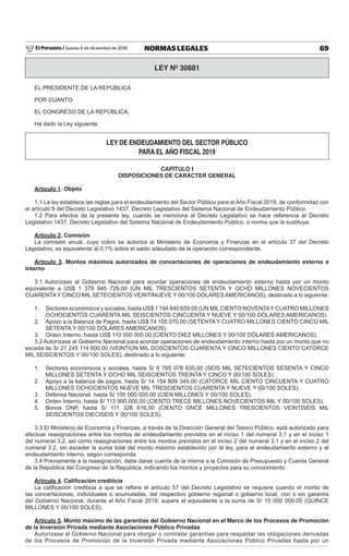 El Peruano / Jueves 6 de diciembre de 2018 69NORMAS LEGALES
LEY Nº 30881
EL PRESIDENTE DE LA REPÚBLICA
POR CUANTO:
EL CONGRESO DE LA REPÚBLICA;
Ha dado la Ley siguiente:
LEY DE ENDEUDAMIENTO DEL SECTOR PÚBLICO
PARA EL AÑO FISCAL 2019
CAPÍTULO I
DISPOSICIONES DE CARÁCTER GENERAL
Artículo 1. Objeto
1.1 La ley establece las reglas para el endeudamiento del Sector Público para el Año Fiscal 2019, de conformidad con
el artículo 9 del Decreto Legislativo 1437, Decreto Legislativo del Sistema Nacional de Endeudamiento Público.
1.2 Para efectos de la presente ley, cuando se menciona al Decreto Legislativo se hace referencia al Decreto
Legislativo 1437, Decreto Legislativo del Sistema Nacional de Endeudamiento Público, o norma que la sustituya.
Artículo 2. Comisión
La comisión anual, cuyo cobro se autoriza al Ministerio de Economía y Finanzas en el artículo 37 del Decreto
Legislativo, es equivalente al 0,1% sobre el saldo adeudado de la operación correspondiente.
Artículo 3. Montos máximos autorizados de concertaciones de operaciones de endeudamiento externo e
interno
3.1 Autorízase al Gobierno Nacional para acordar operaciones de endeudamiento externo hasta por un monto
equivalente a US$ 1 378 945 729,00 (UN MIL TRESCIENTOS SETENTA Y OCHO MILLONES NOVECIENTOS
CUARENTAY CINCO MIL SETECIENTOS VEINTINUEVE Y 00/100 DÓLARES AMERICANOS), destinado a lo siguiente:
1. Sectores económicos y sociales, hasta US$ 1 194 840 659,00 (UN MILCIENTO NOVENTAY CUATRO MILLONES
OCHOCIENTOS CUARENTA MIL SEISCIENTOS CINCUENTA Y NUEVE Y 00/100 DÓLARES AMERICANOS).
2. Apoyo a la Balanza de Pagos, hasta US$ 74 105 070,00 (SETENTA Y CUATRO MILLONES CIENTO CINCO MIL
SETENTA Y 00/100 DÓLARES AMERICANOS).
3. Orden Interno, hasta US$ 110 000 000,00 (CIENTO DIEZ MILLONES Y 00/100 DÓLARES AMERICANOS).
3.2 Autorízase al Gobierno Nacional para acordar operaciones de endeudamiento interno hasta por un monto que no
exceda de S/ 21 245 114 600,00 (VEINTIÚN MIL DOSCIENTOS CUARENTA Y CINCO MILLONES CIENTO CATORCE
MIL SEISCIENTOS Y 00/100 SOLES), destinado a lo siguiente:
1. Sectores económicos y sociales, hasta S/ 6 765 078 635,00 (SEIS MIL SETECIENTOS SESENTA Y CINCO
MILLONES SETENTA Y OCHO MIL SEISCIENTOS TREINTA Y CINCO Y 00/100 SOLES).
2. Apoyo a la balanza de pagos, hasta S/ 14 154 809 349,00 (CATORCE MIL CIENTO CINCUENTA Y CUATRO
MILLONES OCHOCIENTOS NUEVE MIL TRESCIENTOS CUARENTA Y NUEVE Y 00/100 SOLES).
3. Defensa Nacional, hasta S/ 100 000 000,00 (CIEN MILLONES Y 00/100 SOLES).
4. Orden Interno, hasta S/ 113 900 000,00 (CIENTO TRECE MILLONES NOVECIENTOS MIL Y 00/100 SOLES).
5. Bonos ONP, hasta S/ 111 326 616,00 (CIENTO ONCE MILLONES TRESCIENTOS VEINTISÉIS MIL
SEISCIENTOS DIECISÉIS Y 00/100 SOLES).
3.3 El Ministerio de Economía y Finanzas, a través de la Dirección General del Tesoro Público, está autorizado para
efectuar reasignaciones entre los montos de endeudamiento previstos en el inciso 1 del numeral 3.1 y en el inciso 1
del numeral 3.2, así como reasignaciones entre los montos previstos en el inciso 2 del numeral 3.1 y en el inciso 2 del
numeral 3.2, sin exceder la suma total del monto máximo establecido por la ley, para el endeudamiento externo y el
endeudamiento interno, según corresponda.
3.4 Previamente a la reasignación, debe darse cuenta de la misma a la Comisión de Presupuesto y Cuenta General
de la República del Congreso de la República, indicando los montos y proyectos para su conocimiento.
Artículo 4. Caliﬁcación crediticia
La caliﬁcación crediticia a que se reﬁere el artículo 57 del Decreto Legislativo se requiere cuando el monto de
las concertaciones, individuales o acumuladas, del respectivo gobierno regional o gobierno local, con o sin garantía
del Gobierno Nacional, durante el Año Fiscal 2019, supere el equivalente a la suma de S/ 15 000 000,00 (QUINCE
MILLONES Y 00/100 SOLES).
Artículo 5. Monto máximo de las garantías del Gobierno Nacional en el Marco de los Procesos de Promoción
de la Inversión Privada mediante Asociaciones Público Privadas
Autorízase al Gobierno Nacional para otorgar o contratar garantías para respaldar las obligaciones derivadas
de los Procesos de Promoción de la Inversión Privada mediante Asociaciones Público Privadas hasta por un
 