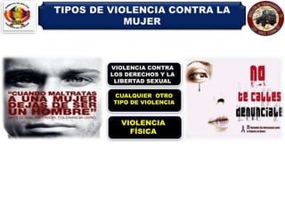 TIPOS DE VIOLENCIA CONTRA LA
MUJER
VIOLENCIA CONTRA
LOS DERECHOS Y LA
LIBERTAD SEXUAL
CUALQUIER OTRO
TIPO DE VIOLENCIA
VIO...