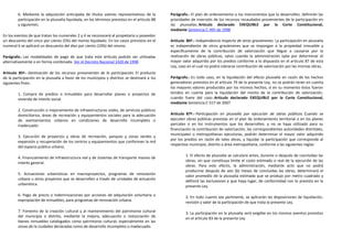 6. Mediante la adquisición anticipada de títulos valores representativos de la         Parágrafo.- El plan de ordenamiento o los instrumentos que lo desarrollen, definirán las
         participación en la plusvalía liquidada, en los términos previstos en el artículo 88   prioridades de inversión de los recursos recaudados provenientes de la participación en
         y siguientes.                                                                          las plusvalías. Artículo declarado EXEQUIBLE por la Corte Constitucional,
                                                                                                mediante Sentencia C-495 de 1998
En los eventos de que tratan los numerales 2 y 4 se reconocerá al propietario o poseedor
un descuento del cinco por ciento (5%) del monto liquidado. En los casos previstos en el        Artículo 86º.- Independencia respecto de otros gravámenes. La participación en plusvalía
numeral 6 se aplicará un descuento del diez por ciento (10%) del mismo.                         es independiente de otros gravámenes que se impongan a la propiedad inmueble y
                                                                                                específicamente de la contribución de valorización que llegue a causarse por la
Parágrafo.- Las modalidades de pago de que trata este artículo podrán ser utilizadas            realización de obras públicas, salvo cuando la administración opte por determinar el
alternativamente o en forma combinada. Ver el Decreto Nacional 1420 de 1998                     mayor valor adquirido por los predios conforme a lo dispuesto en el artículo 87 de esta
                                                                                                Ley, caso en el cual no podrá cobrarse contribución de valorización por las mismas obras.
Artículo 85º.- Destinación de los recursos provenientes de la participación. El producto
de la participación en la plusvalía a favor de los municipios y distritos se destinará a los    Parágrafo.- En todo caso, en la liquidación del efecto plusvalía en razón de los hechos
siguientes fines:                                                                               generadores previstos en el artículo 74 de la presente Ley, no se podrán tener en cuenta
                                                                                                los mayores valores producidos por los mismos hechos, si en su momento éstos fueron
         1. Compra de predios o inmuebles para desarrollar planes o proyectos de                tenidos en cuenta para la liquidación del monto de la contribución de valorización,
         vivienda de interés social.                                                            cuando fuere del caso. Artículo declarado EXEQUIBLE por la Corte Constitucional,
                                                                                                mediante Sentencia C-517 de 2007
         2. Construcción o mejoramiento de infraestructuras viales, de servicios públicos
         domiciliarios, áreas de recreación y equipamientos sociales para la adecuación         Artículo 87º.- Participación en plusvalía por ejecución de obras públicas. Cuando se
         de asentamientos urbanos en condiciones de desarrollo incompleto o                     ejecuten obras públicas previstas en el plan de ordenamiento territorial o en los planes
         inadecuado.                                                                            parciales o en los instrumentos que los desarrollen, y no se haya utilizado para su
                                                                                                financiación la contribución de valorización, las correspondientes autoridades distritales,
                                                                                                municipales o metropolitanas ejecutoras, podrán determinar el mayor valor adquirido
         3. Ejecución de proyectos y obras de recreación, parques y zonas verdes y
                                                                                                por los predios en razón de tales obras, y liquidar la participación que corresponde al
         expansión y recuperación de los centros y equipamientos que conforman la red
                                                                                                respectivo municipio, distrito o área metropolitana, conforme a las siguientes reglas:
         del espacio público urbano.

                                                                                                        1. El efecto de plusvalía se calculará antes, durante o después de concluidas las
         4. Financiamiento de infraestructura vial y de sistemas de transporte masivo de
                                                                                                        obras, sin que constituya límite el costo estimado o real de la ejecución de las
         interés general.
                                                                                                        obras. Para este efecto, la administración, mediante acto que no podrá
                                                                                                        producirse después de seis (6) meses de concluidas las obras, determinará el
         5. Actuaciones urbanísticas en macroproyectos, programas de renovación
                                                                                                        valor promedio de la plusvalía estimada que se produjo por metro cuadrado y
         urbana u otros proyectos que se desarrollen a través de unidades de actuación
                                                                                                        definirá las exclusiones a que haya lugar, de conformidad con lo previsto en la
         urbanística.
                                                                                                        presente Ley.

         6. Pago de precio o indemnizaciones por acciones de adquisición voluntaria o
                                                                                                        2. En todo cuanto sea pertinente, se aplicarán las disposiciones de liquidación,
         expropiación de inmuebles, para programas de renovación urbana.
                                                                                                        revisión y valor de la participación de que trata la presente Ley.

         7. Fomento de la creación cultural y al mantenimiento del patrimonio cultural
                                                                                                        3. La participación en la plusvalía será exigible en los mismos eventos previstos
         del municipio o distrito, mediante la mejora, adecuación o restauración de
                                                                                                        en el artículo 83 de la presente Ley.
         bienes inmuebles catalogados como patrimonio cultural, especialmente en las
         zonas de la ciudades declaradas como de desarrollo incompleto o inadecuado.
 