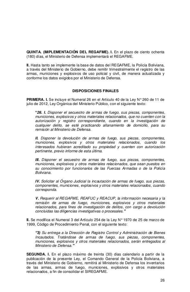 Ley 400 (LEY DE CONTROL DE ARMAS DE FUEGO, MUNICIONES, EXPLOSIVOS Y O…