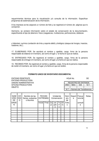 15
requerimientos técnicos para la visualización y/o consulta de la información. Especificar
programas de sistematización de la información.
A los impresos se les asignará un número de folio y se registrará el número de páginas que lo
componen.
Asimismo, se anotará información sobre el estado de conservación de la documentación,
especificando el tipo de deterioro: físico (rasgaduras, mutilaciones, perforaciones, dobleces
y faltantes), químico (oxidación de tinta y soporte débil) y biológico (ataque de hongos, insectos,
roedores, etc.).
17. ELABORADO POR. Se escribirá el nombre y apellido, cargo, firma de la persona
responsable de elaborar el inventario, así como el lugar y la fecha en que se realiza.
18. ENTREGADO POR. Se registrará el nombre y apellido, cargo, firma de la persona
responsable de entregar el inventario, así como el lugar y la fecha en que se realiza.
19. RECIBIDO POR. Se registrará el nombre y apellido, cargo, firma de la persona responsable
de recibir el inventario, así como el lugar y la fecha en que se recibió.
FORMATO UNICO DE INVENTARIO DOCUMENTAL
ENTIDAD REMITENTE HOJA No. DE
ENTIDAD PRODUCTORA
UNIDAD ADMINISTRATIVA REGISTRO DE ENTRADA
OFICINA PRODUCTORA AÑO MES DIA N.T.
OBJETO
N.T. = Número de Transferencia
NÚM
ERO
DE
CÓ
DIG
O
Nombre de las
Series, subseries
o Asuntos
FECHAS
EXTREMAS
Unidad de
Conservación
Núm
ero
de
Soport
e
Frecue
ncia de
Notas
ORDE
N
Inicial Final Ca
ja
car
pet
a
To
m
o
Ot
ro
Folio
s
consult
a
 