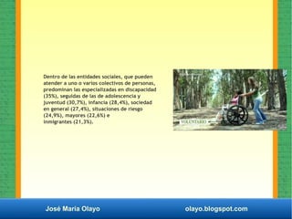 José María Olayo olayo.blogspot.com
Dentro de las entidades sociales, que pueden
atender a uno o varios colectivos de personas,
predominan las especializadas en discapacidad
(35%), seguidas de las de adolescencia y
juventud (30,7%), infancia (28,4%), sociedad
en general (27,4%), situaciones de riesgo
(24,9%), mayores (22,6%) e
inmigrantes (21,3%).
 