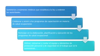 Someterse a exámenes médicos que establezca la ley u ordenen
las autoridades
Colaborar y asistir a los programas de capacitación en materia
de salud ocupaciones
Participar en la elaboración, planificación y ejecución de los
programas de salud ocupacional
Utilizar, conservar y cuidar el equipo y elementos de
protección personal y de seguridad en el trabajo que se le
suministren.
 