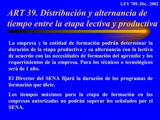 ART 39. Distribución y alternancia de tiempo entre la etapa lectiva y productiva La empresa y la entidad de formación podrán determinar la duración de la etapa productiva y su alternancia con la lectiva de acuerdo con las necesidades de formación del aprendiz y los requerimientos de la empresa. Para los técnicos o tecnológicos será de 1 año. El Director del SENA fijará la duración de los programas de formación que dicte. Los tiempos máximos para la etapa de formación en las empresas autorizadas no podrán superar los señalados por el SENA.  LEY 789, Dic.. 2002 