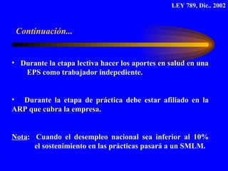 Durante la etapa lectiva hacer los aportes en  salud en una  EPS  como trabajador indepediente. Durante la etapa de  práctica  debe estar afiliado en la  ARP que cubra la empresa . Nota :  Cuando el desempleo nacional sea inferior al 10%  el sostenimiento en las prácticas pasará a un SMLM. LEY 789, Dic.. 2002 Continuación... 