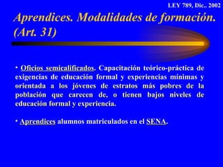 Aprendices. Modalidades de formación. (Art. 31) Oficios semicalificados . Capacitación teórico-práctica de exigencias de educación formal y experiencias mínimas y  orientada a los jóvenes de estratos más pobres de la población que carecen de, o tienen bajos niveles de educación formal y experiencia . Aprendices   alumnos matriculados en el  SENA .   LEY 789, Dic.. 2002 