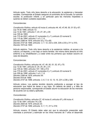 Artículo sexto. Todo niño tiene derecho a la educación, la asistencia y bienestar
sociales. Corresponde al Estado asegurar el suministro de la Escuela, la nutrición
escolar, la protección infantil, y en particular para los menores impedidos a
quienes se deben cuidados especiales.

Concordancias:

Constitución Política, artículo 42 inciso 8, artículos 44, 45, 47,49, 50, 51 52 y 67;
Ley 74 de 1968, artículo 13;
Ley 12 de 1991, artículos 7, 23, 27, 28 y 29;
Ley 100 de 1993;
Ley 715 de 2001, artículo 21 numerales 2 y 7 y artículo 22 numeral 5;
Ley 115 de 1994, artículos 1 a 5, 7, 8;
Decreto 2388 de 1979, artículos 53 y 73 a 80;
Decreto 2737 de 1989, artículos 3, 7, 12, 222 a 226, 228 a 233 y 311 a 319.;
Decreto 1673 de 1994.

Artículo séptimo. Todo niño tiene derecho a la asistencia médica, al acceso a la
cultura y al deporte, y vivir bajo un techo familiar. Así mismo tiene derecho el niño
enfermo a su rehabilitación y a estar entre los primeros que reciban socorro en
caso de desastre.

Concordancias:

Constitución Política, artículos 44, 47, 49, 50, 51, 52, 67 y 70;
Ley 12 de 1991, artículos 9, 24, 25, 26 y 31;
Ley 100 de 1993, artículos 157, 166 y 213;
Ley 715 de 2001, artículo 21 numerales 2 y 7 y artículo 22 numeral 5;
Ley 258 de 1996, artículos 1 a 5, 7, 8;
Decreto 2388 de 1979, artículos 54;
Decreto 919 de 1989;
Decreto 2737 de 1989, artículos 3, 6, 7, 9, 12, 13, 15, 231 a 236 y 326;

Artículo octavo. Los padres tendrán derecho preferente a escoger el tipo de
educación que habrá de darse a sus hijos. En defecto de éstos y a falta de
persona responsable, corresponde al Estado asumir la educación de los menores
de acuerdo con su edad y aptitudes.

Concordancias:

Constitución Política, artículos 27, 42 inciso 8, artículos 67 y 68 inciso 4;
Ley 12 de 1991, artículos 14 y 28;
Decreto 2820 de 1974, artículo 23;
Decreto 2737 de 1989, artículos 6, 7, 11, 311 a 319;

Artículo noveno. El Estado debe velar por que la educación preescolar esté
orientada a promover y estimular en los niños menores de 7 años el desarrollo
 