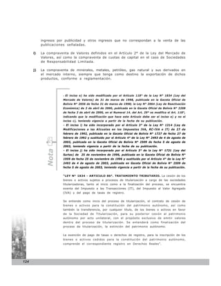 ingresos por publicidad y otros ingresos que no correspondan a la venta de las
           publicaciones señaladas.

      i)   La compraventa de Valores definidos en el Artículo 2° de la Ley del Mercado de
           Valores, así como la compraventa de cuotas de capital en el caso de Sociedades
           de Responsabilidad Limitada.

      j)   La compraventa de minerales, metales, petróleo, gas natural y sus derivados en
           el mercado interno, siempre que tenga como destino la exportación de dichos
           productos, conforme a reglamentación.




                       - El inciso e) ha sido modificado por el Artículo 118° de la Ley N° 1834 (Ley del
                       Mercado de Valores) de 31 de marzo de 1998, publicada en la Gaceta Oficial de
                       Bolivia N° 2056 de fecha 31 de marzo de 1998; la Ley N° 2064 (Ley de Reactivación
                       Económica) de 3 de abril de 2000, publicada en la Gaceta Oficial de Bolivia N° 2208
                       de fecha 3 de abril de 2000, en el Numeral 14. del Art. 29° se modifica el Art. 118°,
                       indicando que la modificación que hace este Artículo debe ser el inciso e) y no el
                       inciso c), teniendo vigencia a partir de la fecha de su publicación.
                       - El inciso i) ha sido incorporado por el Artículo 3° de la Ley N° 1314 (Ley de
                       Modificaciones a las Alícuotas en los Impuestos IVA, RC-IVA e IT) de 27 de
                       febrero de 1992, publicada en la Gaceta Oficial de Bolivia N° 1727 de fecha 27 de
                       febrero de 1992 y sustituido por el Artículo 4° de la Ley N° 2493 de 4 de agosto de
                       2003, publicada en la Gaceta Oficial de Bolivia N° 2509 de fecha 5 de agosto de
                       2003, teniendo vigencia a partir de la fecha de su publicación.
             Nota




                       - El inciso j) ha sido incorporado por el Artículo 3° de la Ley N° 1731 (Ley del
                       Surtax) de 25 de noviembre de 1996, publicada en la Gaceta Oficial de Bolivia N°
                       1959 de fecha 25 de noviembre de 1996 y sustituido por el Artículo 4° de la Ley N°
                       2493 de 4 de agosto de 2003, publicada en Gaceta Oficial de Bolivia N° 2509 de
                       fecha 5 de agosto de 2003, teniendo vigencia a partir de la fecha de su publicación.


                       “LEY N° 1834 - ARTICULO 86°. TRATAMIENTO TRIBUTARIO. La cesión de los
                       bienes o activos sujetos a procesos de titularización a cargo de las sociedades
                       titularizadoras, tanto al inicio como a la finalización del proceso, se encuentra
                       exenta del Impuesto a las Transacciones (IT), del Impuesto al Valor Agregado
                       (IVA) y del pago de tasas de registro.


                       Se entiende como inicio del proceso de titularización, el contrato de cesión de
                       bienes o activos para la constitución del patrimonio autónomo, así como
                       también la transferencia, por cualquier título, de los bienes o activos en favor
                       de la Sociedad de Titularización, para su posterior cesión al patrimonio
                       autónomo por acto unilateral, con el propósito exclusivo de emitir valores
                       dentro del proceso de titularización. Se entenderá como finalización del
                       proceso de titularización, la extinción del patrimonio autónomo.


                       La exención de pago de tasas o derechos de registro, para la inscripción de los
                       bienes o activos cedidos para la constitución del patrimonio autónomo,
                       comprende el correspondiente registro en Derechos Reales”.




124
 