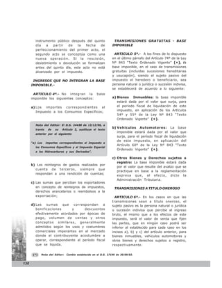instrumento público después del quinto                    TRANSMISIONES GRATUITAS - BASE
        día    a   partir  de    la  fecha    de                 IMPONIBLE
        perfeccionamiento del primer acto, el
        segundo acto se conceptúa como una                        ARTICULO 5º.- A los fines de lo dispuesto
        nueva operación. Si la rescisión,                        en el último párrafo del Artículo 74º de la Ley
        desistimiento o devolución se formalizan                 Nº 843 “Texto Ordenado Vigente” (* ), la
        antes del quinto día, este acto no está                  base imponible, en el caso de transmisiones
        alcanzado por el impuesto.                               gratuitas (incluidas sucesiones hereditarias
                                                                 y usucapión), siendo el sujeto pasivo del
       INGRESOS QUE NO INTEGRAN LA BASE                          impuesto el heredero o beneficiario, sea
      IMPONIBLE.-                                                persona natural o jurídica o sucesión indivisa,
                                                                 se establecerá de acuerdo a lo siguiente:
       ARTICULO 4º.- No integran la base
      imponible los siguientes conceptos:                        a) Bienes Inmuebles: la base imponible
                                                                    estará dada por el valor que surja, para
      a) Los importes correspondientes al                           el período fiscal de liquidación de este
         Impuesto a los Consumos Específicos;                       impuesto, en aplicación de los Artículos
                                                                    54º y 55º de la Ley Nº 843 “Texto
                                                                    Ordenado Vigente” ( * ).
        Nota del Editor: El D.S. 24438 de 13/12/96, a
                                                                 b) Vehículos Automotores: La base
        través    de   su   Artículo 2, sustituye el texto
                                                                    imponible estará dada por el valor que
        anterior por el siguiente:
                                                                    surja, para el período fiscal de liquidación
                                                                    de este impuesto, en aplicación del
      “a) Los    importes correspondientes al Impuesto a
                                                                    Artículo 60º de la Ley Nº 843 “Texto
        los Consumos Específicos y al Impuesto Especial
                                                                    Ordenado Vigente” ( * ).
        a los Hidrocarburos y sus Derivados”.

                                                                 c) Otros Bienes y Derechos sujetos a
                                                                    registro: La base imponible estará dada
      b) Los reintegros de gastos realizados por
                                                                    por el valor que resulte del avalúo que se
        cuenta de terceros, siempre que
                                                                    practique en base a la reglamentación
        respondan a una rendición de cuentas;
                                                                    expresa que, al efecto, dicte la
                                                                    Administración Tributaria.
      c) Las sumas que perciban los exportadores
         en concepto de reintegros de impuestos,                  TRANSMISIONES A TITULO ONEROSO
         derechos arancelarios o reembolsos a la
         exportación;                                              ARTICULO 6º.- En los casos en que las
                                                                 transmisiones sean a título oneroso, el
      d) Las    sumas    que   correspondan     a                sujeto pasivo es la persona natural o jurídica
         bonificaciones       y      descuentos                  o sucesión indivisa que percibe el ingreso
         efectivamente acordados por épocas de                   bruto, el mismo que a los efectos de este
         pago, volumen de ventas y otros                         impuesto, será el valor de venta que fijen
         conceptos similares, generalmente                       las partes, que en ningún caso podrá ser
         admitidos según los usos y costumbres                   inferior al establecido para cada caso en los
         comerciales imperantes en el mercado                    incisos a), b) y c) del artículo anterior, para
         donde el contribuyente acostumbre a                     bienes inmuebles, vehículos automotores y
         operar, correspondiente al período fiscal               otros bienes y derechos sujetos a registro,
         que se liquida.                                         respectivamente.

       (*)   Nota del Editor:   Cambio establecido en el D.S. 27190 de 30/09/03.


130
 