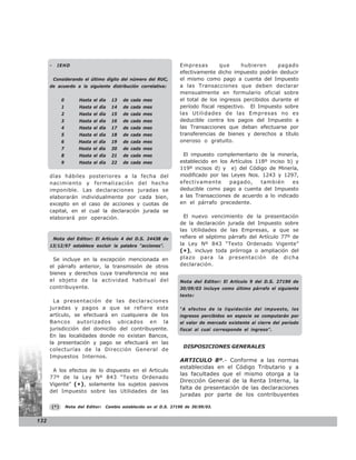 -     IEHD                                                        Empresas        que     hubieren      pagado
                                                                        efectivamente dicho impuesto podrán deducir
          Considerando el último dígito del número del RUC,             el mismo como pago a cuenta del Impuesto
      de acuerdo a la siguiente distribución correlativa:               a las Transacciones que deben declarar
                                                                        mensualmente en formulario oficial sobre
                0         Hasta el día   13   de cada mes               el total de los ingresos percibidos durante el
                1         Hasta el día   14   de cada mes               período fiscal respectivo. El Impuesto sobre
                2         Hasta el día   15   de cada mes               las Utilidades de las Empresas no es
                3         Hasta el día   16   de cada mes               deducible contra los pagos del Impuesto a
                4         Hasta el día   17   de cada mes               las Transacciones que deban efectuarse por
                5         Hasta el día   18   de cada mes               transferencias de bienes y derechos a título
                6         Hasta el día   19   de cada mes               oneroso o gratuito.
                7         Hasta el día   20   de cada mes
                8         Hasta el día   21   de cada mes                El impuesto complementario de la minería,
                9         Hasta el día   22   de cada mes               establecido en los Artículos 118º inciso b) y
                                                                        119º incisos d) y e) del Código de Minería,
      días hábiles posteriores a la fecha del                           modificado por las Leyes Nos. 1243 y 1297,
      nacimiento y formalización del hecho                              efectivamente      pagado,     también     es
      imponible. Las declaraciones juradas se                           deducible como pago a cuenta del Impuesto
      elaborarán individualmente por cada bien,                         a las Transacciones de acuerdo a lo indicado
      excepto en el caso de acciones y cuotas de                        en el párrafo precedente.
      capital, en el cual la declaración jurada se
      elaborará por operación.                                            El nuevo vencimiento de la presentación
                                                                        de la declaración jurada del Impuesto sobre
                                                                        las Utilidades de las Empresas, a que se
          Nota del Editor: El Artículo 4 del D.S. 24438 de              refiere el séptimo párrafo del Artículo 77º de
      13/12/97 establece excluir la palabra “acciones”.                 la Ley Nº 843 “Texto Ordenado Vigente”
                                                                        (*), incluye toda prórroga o ampliación del
       Se incluye en la excepción mencionada en                         plazo para la presentación de dicha
      el párrafo anterior, la transmisión de otros                      declaración.
      bienes y derechos cuya transferencia no sea
      el objeto de la actividad habitual del                            Nota del Editor: El Articulo 9 del D.S. 27190 de
      contribuyente.                                                    30/09/03 incluye como último párrafo el siguiente
                                                                        texto:
        La presentación de las declaraciones
      juradas y pagos a que se refiere este                             “A efectos de la liquidación del impuesto, los
      artículo, se efectuará en cualquiera de los                       ingresos percibidos en especie se computarán por
      Bancos autorizados ubicados en la                                 el valor de mercado existente al cierre del período
      jurisdicción del domicilio del contribuyente.                     fiscal al cual corresponde el ingreso”.
      En las localidades donde no existan Bancos,
      la presentación y pago se efectuará en las
                                                                          DISPOSICIONES GENERALES
      colecturías de la Dirección General de
      Impuestos Internos.
                                                                        ARTICULO 8º.- Conforme a las normas
                                                                        establecidas en el Código Tributario y a
       A los efectos de lo dispuesto en el Articulo
                                                                        las facultades que el mismo otorga a la
      77º de la Ley Nº 843 “Texto Ordenado
                                                                        Dirección General de la Renta Interna, la
      Vigente” (*), solamente los sujetos pasivos
                                                                        falta de presentación de las declaraciones
      del Impuesto sobre las Utilidades de las
                                                                        juradas por parte de los contribuyentes

          (*)       Nota del Editor:   Cambio establecido en el D.S. 27190 de 30/09/03.


132
 
