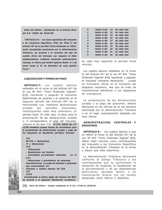 Nota del Editor.- Establecido en el Artículo Único             0      Hasta   el   día   13   de   cada   mes
      del D.S. 25282 del 30/01/99.                                       1      Hasta   el   día   14   de   cada   mes
                                                                         2      Hasta   el   día   15   de   cada   mes
                                                                         3      Hasta   el   día   16   de   cada   mes
          “ARTICULO 6.- Las tasas específicas del Impuesto               4      Hasta   el   día   17   de   cada   mes
      a los Consumos Específicos (ICE) del Título II del                 5      Hasta   el   día   18   de   cada   mes
      artículo 79ª de la Ley 843 (Texto Ordenado en 1997),               6      Hasta   el   día   19   de   cada   mes
      serán actualizadas anualmente por la Administración                7      Hasta   el   día   20   de   cada   mes
                                                                         8      Hasta   el   día   21   de   cada   mes
      Tributaria, de acuerdo a la variación del tipo de
                                                                         9       Hasta el día      22   de cada mes
      cambio oficial del boliviano con respecto al dólar
      estadounidense, mediante resolución administrativa
                                                                   de cada mes siguiente al período fiscal
      expresa, la misma que tendrá vigencia desde el 1 de
                                                                   vencido.
      enero hasta el 31 de diciembre de cada gestión
      fiscal.”
                                                                    Los sujetos pasivos señalados en el inciso
                                                                   b) del Artículo 81º de la Ley Nº 843 “Texto
                                                                   Ordenado Vigente” (*), liquidarán y pagarán
          LIQUIDACION Y FORMA DE PAGO
                                                                   el impuesto mediante declaración     jurada
                                                                   en formulario oficial en el momento del
        ARTICULO 7.- Los        sujetos     pasivos
                                                                   despacho aduanero, sea que se trate de
      señalados en el inciso a) del Artículo 81º de
                                                                   importaciones definitivas o con despachos
      la Ley Nº 843 “Texto Ordenado Vigente”
                                                                   de emergencia.
      ( * ) , liquidarán y pagarán el impuesto
      determinado de acuerdo a lo prescrito en el
                                                                    La presentación de las declaraciones
      segundo párrafo del Artículo 85º de la
                                                                   juradas y el pago del gravamen, deberá
      mencionada Ley, mediante declaraciones
                                                                   efectuarse en las oficinas de la red bancaria
      juradas       por   periodos      mensuales,
                                                                   autorizada por la Administración Tributaria
      constituyendo cada mes calendario un
                                                                   o en el lugar expresamente señalado por
      período fiscal. En este caso, el plazo para la
                                                                   esta última.
      presentación de las declaraciones juradas
      y, si correspondiera, el pago del impuesto,
                                                                    ADMINISTRACION,                     CONTROLES         Y
      vencerá el día diez (10) El D.S. 25619 del 17/
                                                                   REGISTROS
      12/99 establece nuevas fechas de vencimiento para
      la presentación de declaraciones juradas y pago de
      los impuestos de liquidación periódica mensual:
                                                                    ARTICULO 8.- Los sujetos pasivos a que
                                                                   se refiere al inciso a) del Articulo 81º de la
      -  IVA                                                       Ley Nº 843 “Texto Ordenado Vigente” (*),
      -  RC-IVA y Retenciones                                      deben estar inscritos como contribuyentes
      -  IT y Retenciones                                          del Impuesto a los Consumos Específicos
      -  IUE                                                       en la Administración Tributaria en la forma
         . Retenciones
                                                                   y plazos que ésta determine.
         . Beneficiarios del Exterior
         . Actividades parcialmente realizadas     en el
         país
                                                                     La Administración Tributaria sancionará
         . Retenciones a proveedores de empresas                   conforme al Código Tributario a los
         manufactureras y/o pago de anticipos a empresas           contribuyentes que no permitiesen la
         que comercialicen oro                                     extracción de muestras, la fiscalización de
      - Anticipos a sujetos pasivos del ICM                        la documentación y de las dependencias
      - ICE                                                        particulares ubicadas dentro o en
      - IEHD                                                       comunicación directa con los locales
       Considerando el último dígito del número del RUC,
                                                                   declarados como fábrica o depósitos.
      de acuerdo a la siguiente distribución correlativa:

      (*)      Nota del Editor:   Cambio establecido en el D.S. 27190 de 30/09/03.


154
 