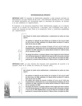 DETERMINACION DEL IMPUESTO

      ARTICULO 112°. El impuesto se determinará aplicando a cada producto derivado de
      hidrocarburos una tasa máxima de Bs 3.50.- (Tres Bolivianos 50/100) por litro o unidad
      de medida equivalente que corresponda según la naturaleza del producto, de acuerdo
      a lo que establezca la reglamentación.

      El Impuesto a los Consumos Específicos (ICE) efectivamente pagado por el producto
      incluido en la mezcla con hidrocarburos y derivados, será acreditable como pago a
      cuenta del impuesto de este Título en la proporción, forma y condiciones establecidas
      por reglamentación.



                      Este Artículo ha tenido varias modificaciones y sustituciones las cuales son como
                      siguen:


                      -   Se sustituye la redacción de este Artículo por el Artículo 3° de la Ley N° 2047
                          de 28 de enero de 2000, publicada en la Gaceta Oficial de Bolivia N° 2198 de
                          fecha 28 de enero de 2000.

                      -   Se modifica este Artículo de acuerdo al Artículo 13° de la Ley N° 2152 (Ley
                          Complementaria y Modificatoria de la Ley de Reactivación Económica) de 23 de
                          noviembre de 2000, publicada en la Gaceta Oficial de Bolivia N° 2265 de fecha
                          23 de noviembre de 2000.
              Nota




                      -   Se deroga este Artículo y se declara vigente el texto original que tenía el Artículo
                          112° del Decreto Supremo N° 24602 de 6 de mayo de 1997, de acuerdo al Artículo
                          7° de la Ley N° 2493 (Modificaciones a la Ley N° 843) de 4 de agosto de 2003,
                          publicada en la Gaceta Oficial de Bolivia N° 2509 de fecha 5 de agosto de 2003.



      ARTICULO 113°. La tasa máxima del impuesto será actualizada de acuerdo a la
      variación anual de la Unidad de Fomento de Vivienda (UFV).


                      Este Artículo ha tenido varias modificaciones y sustituciones las cuales son como
                      siguen:


                      -   Se sustituye la redacción de este Artículo por el Artículo 3° de la Ley N° 2047
                          de 28 de enero de 2000, publicada en la Gaceta Oficial de Bolivia N° 2198 de
                          fecha 28 de enero de 2000.
                      -   Se modifica este Artículo de acuerdo al Artículo 13° de la Ley N° 2152 (Ley
                          Complementaria y Modificatoria de la Ley de Reactivación Económica) de 23 de
                          noviembre de 2000, publicada en la Gaceta Oficial de Bolivia N° 2265 de fecha
                          23 de noviembre de 2000.
              Nota




                      -   Se deroga este Artículo y se declara vigente el texto original que tenía el Artículo
                          113° del Decreto Supremo N° 24602 de 6 de mayo de 1997, de acuerdo al Artículo
                          7° de la Ley N° 2493 (Modificaciones a la Ley N° 843) de 4 de agosto de 2003,
                          publicada en la Gaceta Oficial de Bolivia N° 2509 de fecha 5 de agosto de 2003.




200
 