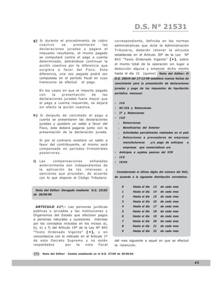 D.S. N° N° 843
                                                                                LEY 21531
g) Si durante el procedimiento de cobro                    correspondiente, definida en las normas
   coactivo     se    presentaren     las                  administrativas que dicte la Administración
   declaraciones juradas y pagare el                       Tributaria,       deberán       retener    la   alícuota
   impuesto resultante, el monto pagado
                                                           establecida en el Artículo 30º de la Ley               Nº
   se computará contra el pago a cuenta
                                                           843 “Texto Ordenado Vigente” ( * ) , sobre
   determinado, debiéndose continuar la
   acción coactiva por la diferencia que                   el monto total de la operación sin lugar a
   surgiera a favor del Fisco. Esta                        deducción alguna y empozar dicho monto
   diferencia, una vez pagada podrá ser                    hasta el día 15        (quince)      Nota del Editor: El
   computada en el período fiscal en cuyo                  D.S. 25619 del 17-12-99 establece nuevas fechas de
   transcurso se efectuó   el pago.                        vencimiento para la presentación de declaraciones
                                                           juradas y pago de los impuestos de liquidación
      En los casos en que el importe pagado
                                                           periódica mensual:
      con    la    presentación      de  las
      declaraciones juradas fuera mayor que
      el pago a cuenta requerido, se dejará                -    IVA
      sin efecto la acción coactiva.                       -    RC-IVA y Retenciones
                                                           -    IT y Retenciones
h) Si después de cancelado el pago a
                                                           -    IUE
   cuenta se presentaren las declaraciones
   juradas y quedare un saldo a favor del                       .   Retenciones
   Fisco, éste deberá pagarse junto con la                      .   Beneficiarios del Exterior
   presentación de la declaración jurada.                       .   Actividades parcialmente realizadas en el país
                                                                .   Retenciones a proveedores de empresas
      Si por el contrario existiere un saldo a
                                                                    manufactureras        y/o pago de anticipos    a
      favor del contribuyente, el mismo será
                                                                    empresas   que comercialicen oro
      compensado en períodos trimestrales
      posteriores.                                         -    Anticipos a sujetos pasivos del ICM
                                                           -    ICE
i)    Las     compensaciones      señaladas                -    IEHD
      anteriormente son independientes de
      la aplicación de los intereses y
                                                               Considerando el último dígito del número del RUC,
      sanciones que procedan, de acuerdo
      con lo que dispone el Código Tributario.             de acuerdo a la siguiente distribución correlativa:


                                                                    0      Hasta el día    13    de cada mes
 Nota del Editor: Derogado mediante D.S. 25183
                                                                    1      Hasta el día    14    de cada mes
de 28/09/98
                                                                    2      Hasta el día    15    de cada mes
                                                                    3      Hasta el día    16    de cada mes
 ARTICULO 11º.- Las personas jurídicas                              4      Hasta el día    17    de cada mes
públicas o privadas y las instituciones y                           5     Hasta el día     18    de cada mes
Organismos del Estado que efectúen pagos                            6     Hasta el día     19    de cada mes
a personas naturales y sucesiones indivisas
                                                                    7     Hasta el día     20    de cada mes
por los conceptos incluidos en los incisos a),
                                                                    8     Hasta el día     21    de cada mes
b), e) y f) del Artículo 19º de la Ley Nº 843
“Texto Ordenado Vigente” ( * ) , y en                               9      Hasta el día    22    de cada mes
concordancia con lo indicado en el Artículo 1º
de este Decreto Supremo y no estén                         del mes siguiente a aquel en que se efectuó
respaldados          por    la   nota   fiscal             la retención.

(*)    Nota del Editor:   Cambio establecido en el D.S. 27190 de 30/09/03.


                                                                                                                       45
 