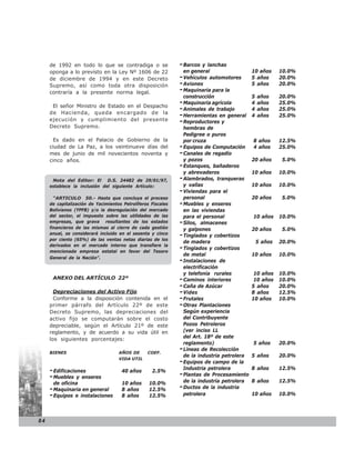 de 1992 en todo lo que se contradiga o se                - Barcos   y lanchas
     oponga a lo previsto en la Ley Nº 1606 de 22               en general                  10 años      10.0%
     de diciembre de 1994 y en este Decreto                   - Vehículos automotores       5 años       20.0%
     Supremo, así como toda otra disposición                  - Aviones                     5 años       20.0%
     contraría a la presente norma legal.                     - Maquinaria para la
                                                                construcción                5   años     20.0%
      El señor Ministro de Estado en el Despacho
                                                              - Maquinaria agrícola         4   años     25.0%
                                                              - Animales de trabajo         4   años     25.0%
     de Hacienda, queda encargado de la
                                                              - Herramientas en general     4   años     25.0%
     ejecución y cumplimiento del presente                    - Reproductores y
     Decreto Supremo.                                           hembras de
                                                                Pedigree o puros
       Es dado en el Palacio de Gobierno de la                  por cruza                   8 años       12.5%
     ciudad de La Paz, a los veintinueve días del             - Equipos de Computación      4 años       25.0%
     mes de junio de mil novecientos noventa y                - Canales de regadío
     cinco años.                                                y pozos                     20 años      5.0%
                                                              - Estanques, bañaderos
                                                                y abrevaderos               10 años      10.0%
      Nota del Editor: El D.S. 24482 de 29/01/97,             - Alambrados, tranqueras
     establece la inclusión del siguiente Artículo:             y vallas                    10 años      10.0%
                                                              - Viviendas para el
       “ARTICULO 50.- Hasta que concluya el proceso             personal                    20 años      5.0%
     de capitalización de Yacimientos Petrolíferos Fiscales   - Muebles y enseres
     Bolivianos (YPFB) y/o la desregulación del mercado         en las viviendas
     del sector, el impuesto sobre las utilidades de las        para el personal            10 años      10.0%
     empresas, que grava resultantes de los estados           - Silos, almacenes
     financieros de las mismas al cierre de cada gestión        y galpones                  20 años      5.0%
     anual, se considerará incluido en el sesenta y cinco
                                                              - Tinglados y cobertizos
     por ciento (65%) de las ventas netas diarias de los
                                                                de madera                       5 años   20.0%
     derivados en el mercado interno que transfiere la
     mencionada empresa estatal en favor del Tesoro
                                                              - Tinglados y cobertizos
                                                                de metal                    10 años      10.0%
     General de la Nación”.
                                                              - Instalaciones de
                                                                electrificación
                                                                y telefonía rurales          10 años     10.0%
      ANEXO DEL ARTÍCULO 22º                                  - Caminos interiores           10 años     10.0%
                                                              - Caña de Azúcar              5 años       20.0%
       Depreciaciones del Activo Fijo                         - Vides                       8 años       12.5%
       Conforme a la disposición contenida en el              - Frutales                    10 años      10.0%
     primer párrafo del Artículo 22º de este                  - Otras Plantaciones
     Decreto Supremo, las depreciaciones del                    Según experiencia
     activo fijo se computarán sobre el costo                   del Contribuyente
     depreciable, según el Artículo 21º de este                 Pozos Petroleros
     reglamento, y de acuerdo a su vida útil en                 (ver inciso LL
     los siguientes porcentajes:                                del Art. 18º de este
                                                                reglamento)                 5 años       20.0%
     BIENES                         AÑOS DE      COEF.
                                                              - Líneas de Recolección
                                                                de la industria petrolera   5 años       20.0%
                                    VIDA UTIL
                                                              - Equipos de campo de la
                                                                Industria petrolera         8 años       12.5%
     - Edificaciones                 40 años       2.5%
     - Muebles y enseres                                      - Plantas de Procesamiento
       de oficina                    10 años      10.0%         de la industria petrolera   8 años       12.5%
     - Maquinaria en general         8 años       12.5%       - Ductos de la industria
     - Equipos e instalaciones       8 años       12.5%         petrolera                   10 años      10.0%




84
 