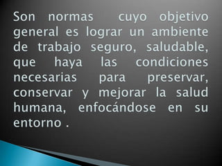 Son normas  cuyo objetivo general es lograr un ambiente de trabajo seguro, saludable, que haya las condiciones necesarias para preservar, conservar y mejorar la salud humana, enfocándose en su entorno .