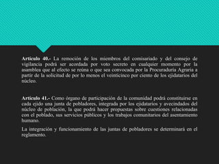 Artículo 40.- La remoción de los miembros del comisariado y del consejo de
vigilancia podrá ser acordada por voto secreto en cualquier momento por la
asamblea que al efecto se reúna o que sea convocada por la Procuraduría Agraria a
partir de la solicitud de por lo menos el veinticinco por ciento de los ejidatarios del
núcleo.
Artículo 41.- Como órgano de participación de la comunidad podrá constituirse en
cada ejido una junta de pobladores, integrada por los ejidatarios y avecindados del
núcleo de población, la que podrá hacer propuestas sobre cuestiones relacionadas
con el poblado, sus servicios públicos y los trabajos comunitarios del asentamiento
humano.
La integración y funcionamiento de las juntas de pobladores se determinará en el
reglamento.

 