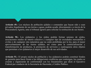 Artículo 49.- Los núcleos de población ejidales o comunales que hayan sido o sean
privados ilegalmente de sus tierras o aguas, podrán acudir, directamente o a través de la
Procuraduría Agraria, ante el tribunal agrario para solicitar la restitución de sus bienes.
Artículo 50.- Los ejidatarios y los ejidos podrán formar uniones de ejidos,
asociaciones rurales de interés colectivo y cualquier tipo de sociedades mercantiles o
civiles o de cualquier otra naturaleza que no estén prohibidas por la ley, para el mejor
aprovechamiento de las tierras ejidales, así como para la comercialización y
transformación de productos, la prestación de servicios y cualesquiera otros objetos
que permitan a los ejidatarios el mejor desarrollo de sus actividades.

Artículo 51.- El propio núcleo de población y los ejidatarios podrán constituir fondos
de garantía para hacer frente a las obligaciones crediticias que contraigan, los cuales se
crearán y organizarán de conformidad con los lineamientos que dicte el Ejecutivo
Federal por conducto de la Secretaría de Hacienda y Crédito Público.

 