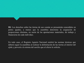 III. Los derechos sobre las tierras de uso común se presumirán concedidos en
partes iguales, a menos que la asamblea determine la asignación de
proporciones distintas, en razón de las aportaciones materiales, de trabajo y
financieras de cada individuo.

En todo caso, el Registro Agrario Nacional emitirá las normas técnicas que
deberá seguir la asamblea al realizar la delimitación de las tierras al interior del
ejido y proverá a la misma del auxilio que al efecto le solicite.

 