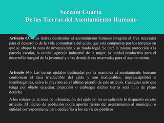 Sección Cuarta
De las Tierras del Asentamiento Humano
Artículo 63.- Las tierras destinadas al asentamiento humano integran el área necesaria
para el desarrollo de la vida comunitaria del ejido, que está compuesta por los terrenos en
que se ubique la zona de urbanización y su fundo legal. Se dará la misma protección a la
parcela escolar, la unidad agrícola industrial de la mujer, la unidad productiva para el
desarrollo integral de la juventud y a las demás áreas reservadas para el asentamiento.

Artículo 64.- Las tierras ejidales destinadas por la asamblea al asentamiento humano
conforman el área irreductible del ejido y son inalienables, imprescriptibles e
inembargables, salvo lo previsto en el último párrafo de este artículo. Cualquier acto que
tenga por objeto enajenar, prescribir o embargar dichas tierras será nulo de pleno
derecho.
A los solares de la zona de urbanización del ejido no les es aplicable lo dispuesto en este
artículo. El núcleo de población podrá aportar tierras del asentamiento al municipio o
entidad correspondiente para dedicarlas a los servicios públicos.

 