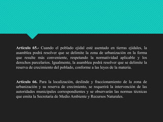 Artículo 65.- Cuando el poblado ejidal esté asentado en tierras ejidales, la
asamblea podrá resolver que se delimite la zona de urbanización en la forma
que resulte más conveniente, respetando la normatividad aplicable y los
derechos parcelarios. Igualmente, la asamblea podrá resolver que se delimite la
reserva de crecimiento del poblado, conforme a las leyes de la materia.

Artículo 66. Para la localización, deslinde y fraccionamiento de la zona de
urbanización y su reserva de crecimiento, se requerirá la intervención de las
autoridades municipales correspondientes y se observarán las normas técnicas
que emita la Secretaría de Medio Ambiente y Recursos Naturales.

 
