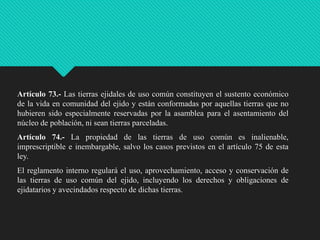 Artículo 73.- Las tierras ejidales de uso común constituyen el sustento económico
de la vida en comunidad del ejido y están conformadas por aquellas tierras que no
hubieren sido especialmente reservadas por la asamblea para el asentamiento del
núcleo de población, ni sean tierras parceladas.
Artículo 74.- La propiedad de las tierras de uso común es inalienable,
imprescriptible e inembargable, salvo los casos previstos en el artículo 75 de esta
ley.

El reglamento interno regulará el uso, aprovechamiento, acceso y conservación de
las tierras de uso común del ejido, incluyendo los derechos y obligaciones de
ejidatarios y avecindados respecto de dichas tierras.

 