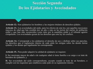 Sección Segunda
De los Ejidatarios y Avecindados

Artículo 12.- Son ejidatarios los hombres y las mujeres titulares de derechos ejidales.
Artículo 13.- Los avecindados del ejido, para los efectos de esta ley, son aquellos mexicanos
mayores de edad que han residido por un año o más en las tierras del núcleo de población
ejidal y que han sido reconocidos como tales por la asamblea ejidal o el tribunal agrario
competente. Los avecindados gozan de los derechos que esta ley les confiere.

Artículo 14.- Corresponde a los ejidatarios el derecho de uso y disfrute sobre sus parcelas,
los derechos que el reglamento interno de cada ejido les otorgue sobre las demás tierras
ejidales y los demás que legalmente les correspondan.
Artículo 15.- Para poder adquirir la calidad de ejidatario se requiere:
I. Ser mexicano mayor de edad o de cualquier edad si tiene familia a su cargo o se trate de
heredero de ejidatario; y
II. Ser avecindado del ejido correspondiente, excepto cuando se trate de un heredero, o
cumplir con los requisitos que establezca cada ejido en su reglamento interno.

 