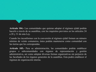 Artículo 104.- Las comunidades que quieran adoptar el régimen ejidal podrán
hacerlo a través de su asamblea, con los requisitos previstos en los artículos 24
a 28 y 31 de esta Ley.
Cuando los inconformes con la conversión al régimen ejidal formen un número
mínimo de veinte comuneros, éstos podrán mantenerse como comunidad con
las tierras que les correspondan.
Artículo 105.- Para su administración, las comunidades podrán establecer
grupos o subcomunidades con órganos de representación y gestión
administrativa, así como adoptar diversas formas organizativas sin perjuicio de
las facultades de los órganos generales de la asamblea. Esta podrá establecer el
régimen de organización interna.

 