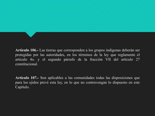 Artículo 106.- Las tierras que corresponden a los grupos indígenas deberán ser
protegidas por las autoridades, en los términos de la ley que reglamente el
artículo 4o. y el segundo párrafo de la fracción VII del artículo 27
constitucional.

Artículo 107.- Son aplicables a las comunidades todas las disposiciones que
para los ejidos prevé esta ley, en lo que no contravengan lo dispuesto en este
Capítulo.

 